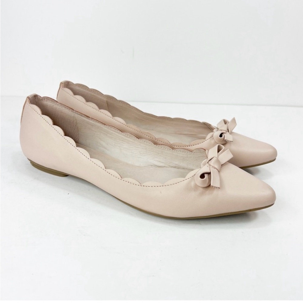 Kate Spade Eleni Flex Nude Leather Ballet Flat Pointed Toe Bow Scalloped sz 8.5